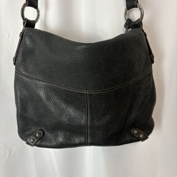 Brighton Bag Black Pebbled Leather Shoulder Foldover Purse Magnetic Boho Stitch - Picture 7 of 9